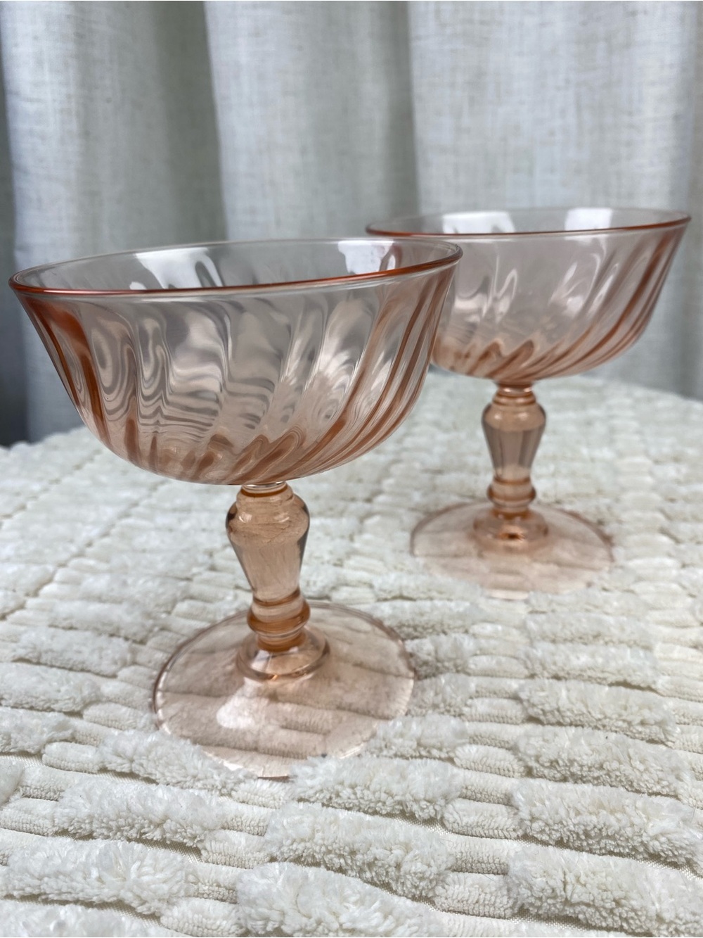 Antique 1930s Pink Depression Glass Swirl Optic 4.5” Champagne Coupes Set of 2